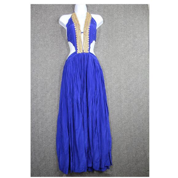 Manish Vaid Elegant Halter Blue and Gold Women's Dress Size S/M - Picture 1 of 5